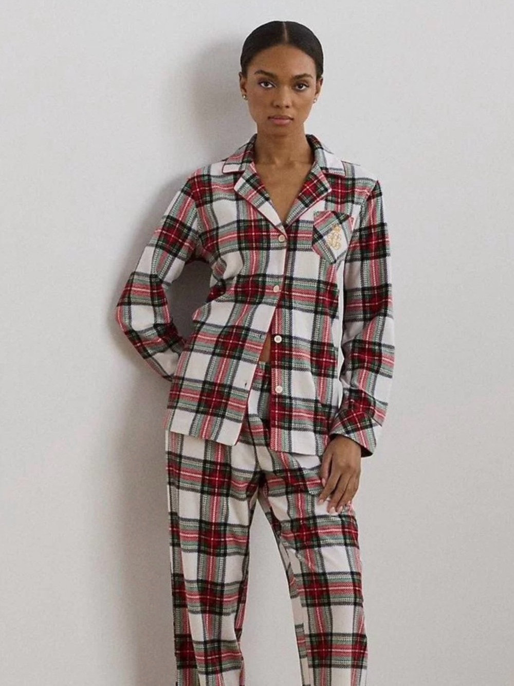 Plaid Button-Down Pajama Set - Red, Green & White